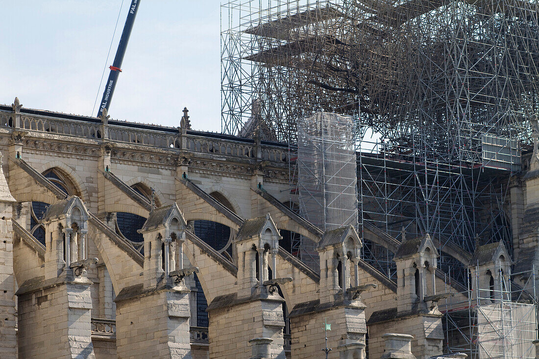 France,Paris,75,1st arrondissement,Ile de la Cite,Southern Side of the Cathedral Notre Dame after the fire,flying buttress,April 17th 2019