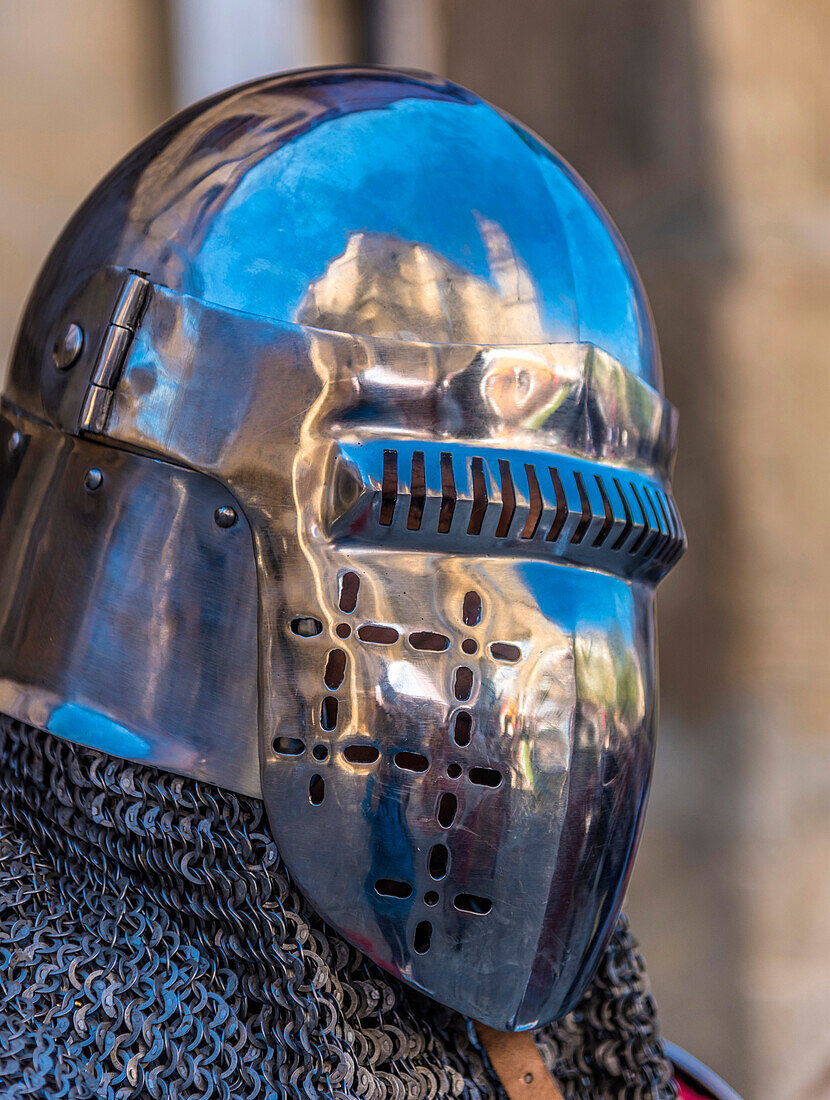 Spain,Rioja,Medieval Days of Briones (festival declared of national tourist interest),portrait of a knight with his helmet