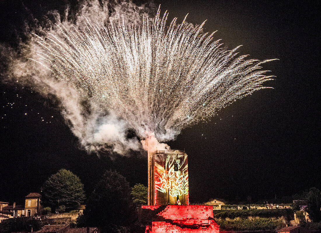 France,Gironde,Saint Emilion,Celebration of the 20th years anniversary of the inscription to the UNESCO World Heritage,pyrotechnics show above the city