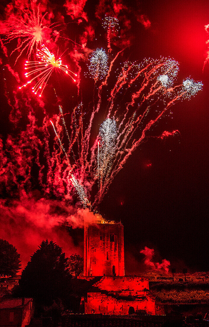 France,Gironde,Saint Emilion,Celebration of the 20th years anniversary of the inscription to the UNESCO World Heritage,pyrotechnics show above the Tour du Roy