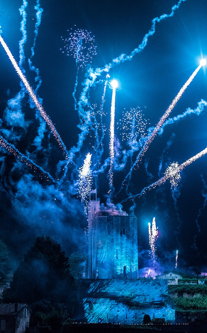 France,Gironde,Saint Emilion,Celebration of the 20th years anniversary of the inscription to the UNESCO World Heritage,pyrotechnics show above the Tour du Roy