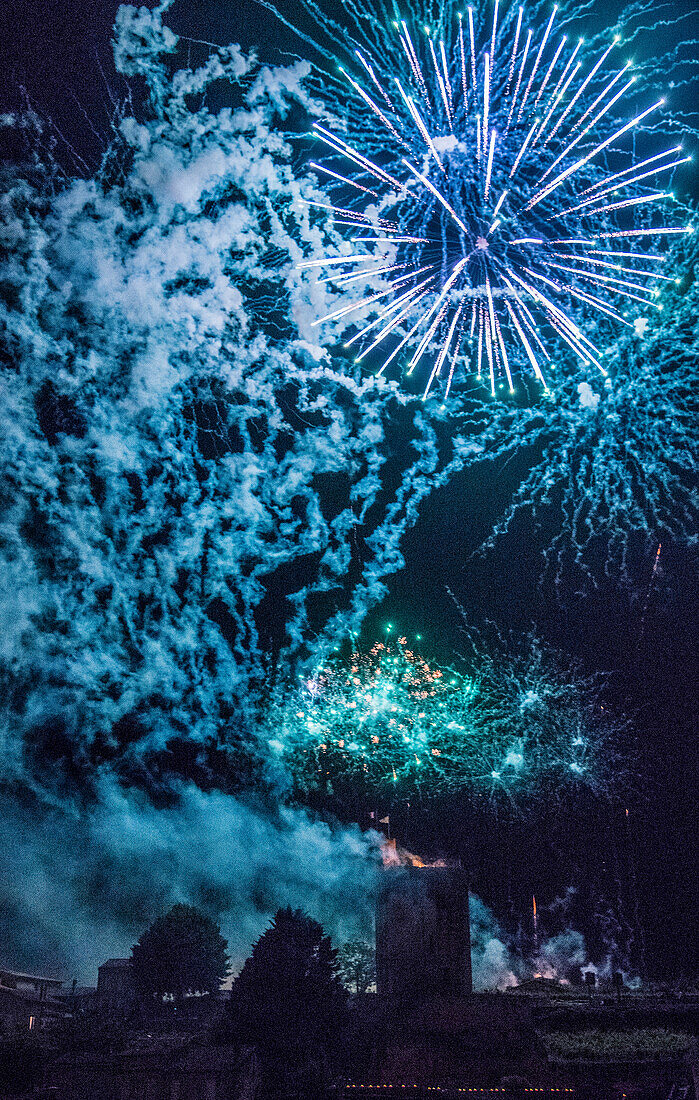 France,Gironde,Saint Emilion,Celebration of the 20th years anniversary of the inscription to the UNESCO World Heritage,pyrotechnics show above the Tour du  Roy