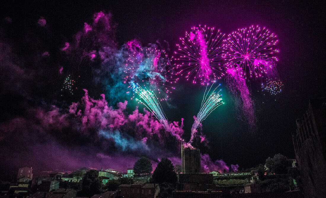 France,Gironde,Saint Emilion,Celebration of the 20th years anniversary of the inscription to the UNESCO World Heritage,pyrotechnics show above the city