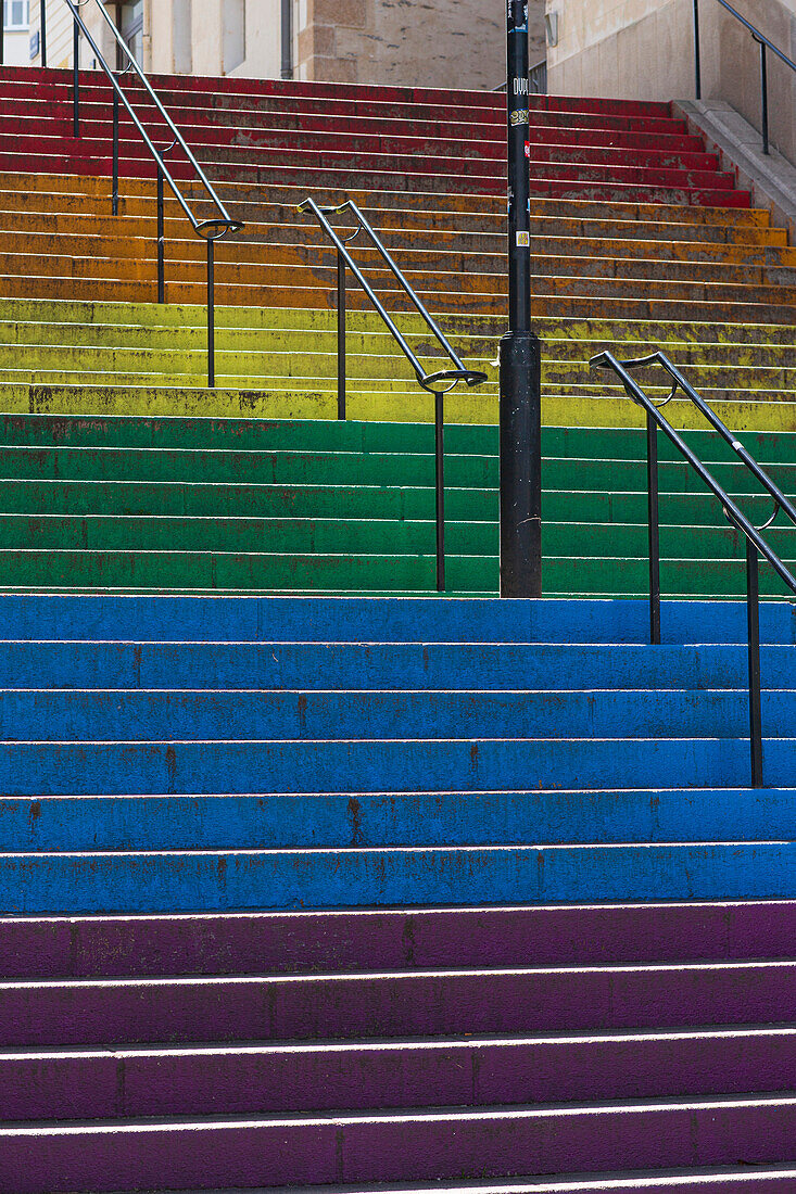 France,Nantes,44,rue Beaurepaire,stairs painted with the colors of the Rainbow flag,emblem of the LGBT movement.