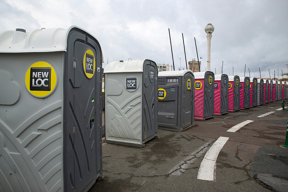 France,Les Sables d'Olonne,85,alignment of mobile toilets,installed for an event,July 2021.