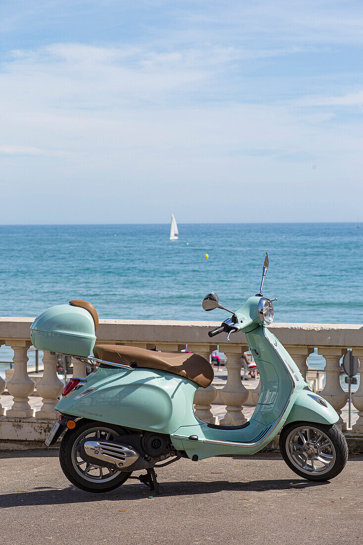 France,Les Sables d'Olonne,85,Vespa scooter parked above the Remblai,May 2021.