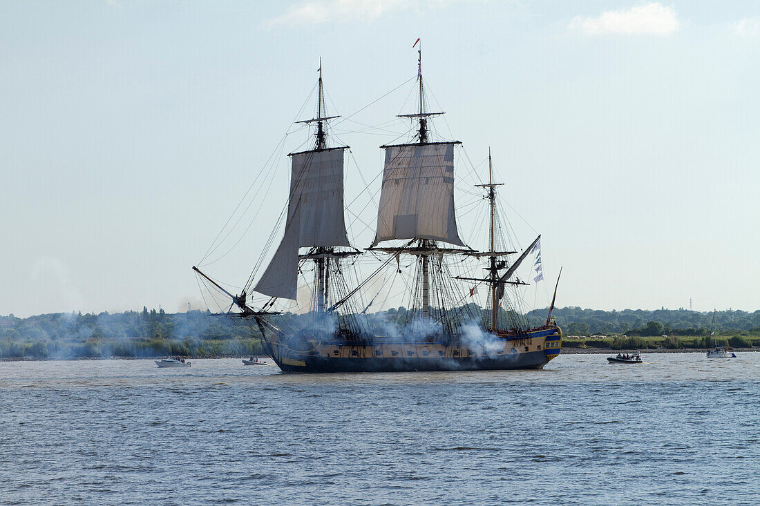 France,estuary of the Loire,44,replica of the Hermione,frigate of La Fayette,during "the event "Debord de Loire" between Saint Nazaire and Nantes,from the 23rd to the 26th of May 2019