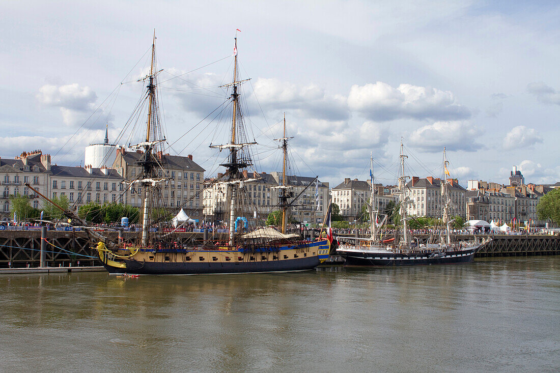 France,Nantes,44,replica of the Hermione,frigate of La Fayette (on the left) and the Belem (on the right) Quai de la Fosse,during the event "Debord de Loire",from the 23rd to the 26th of May 2019