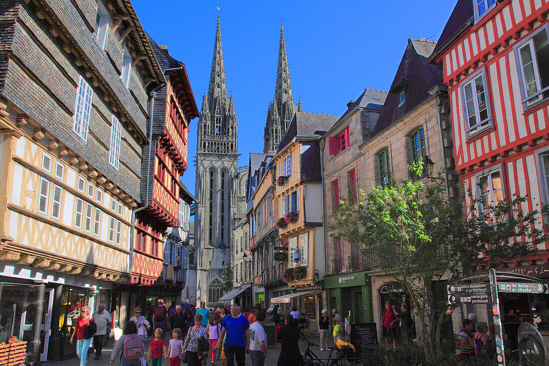 France,Brittany,Finistere department (29),Quimper,Kereon street and cathedral