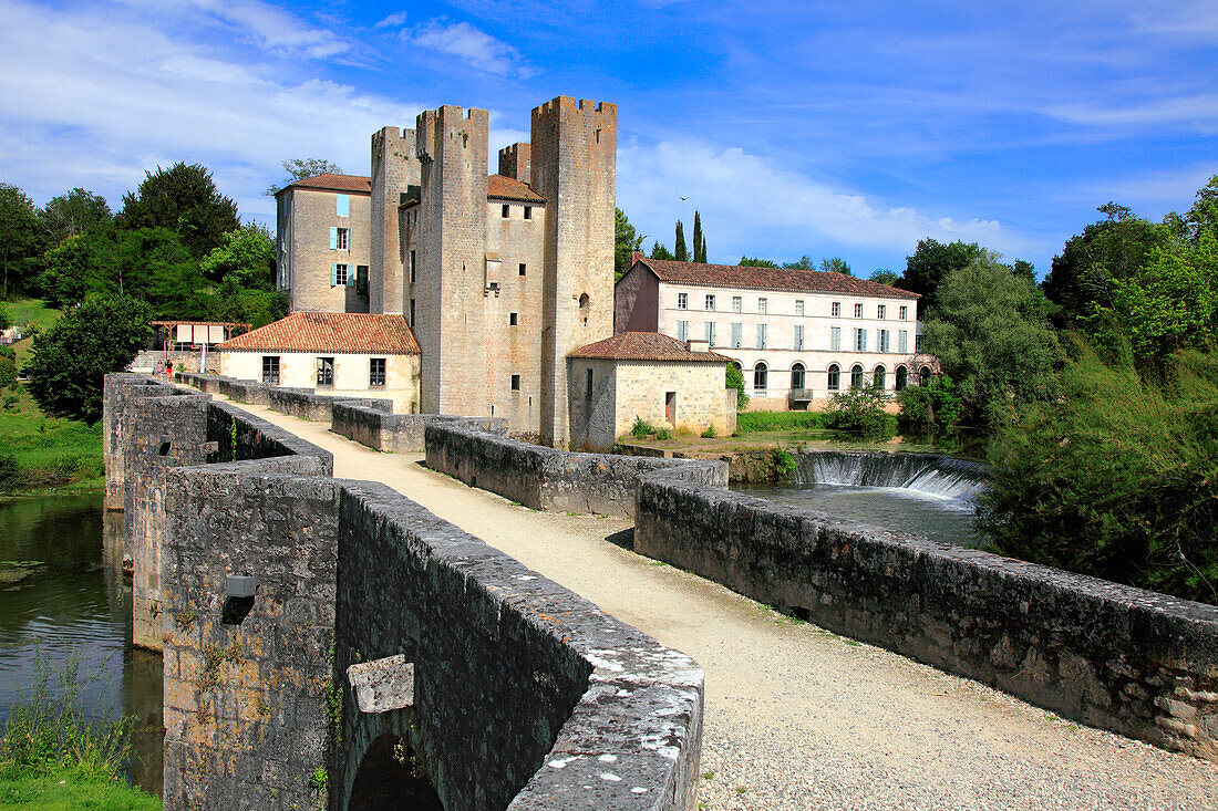 France,Nouvelle Aquitaine,Lot et Garonne department (47),Barbaste,Moulin des Tours (mill) and romanesque bridge