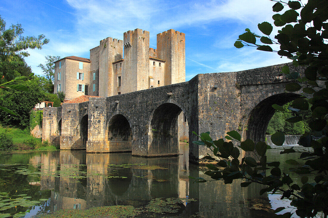 France,Nouvelle Aquitaine,Lot et Garonne department (47),Barbaste,Moulin des Tours (mill) and romanesque bridge