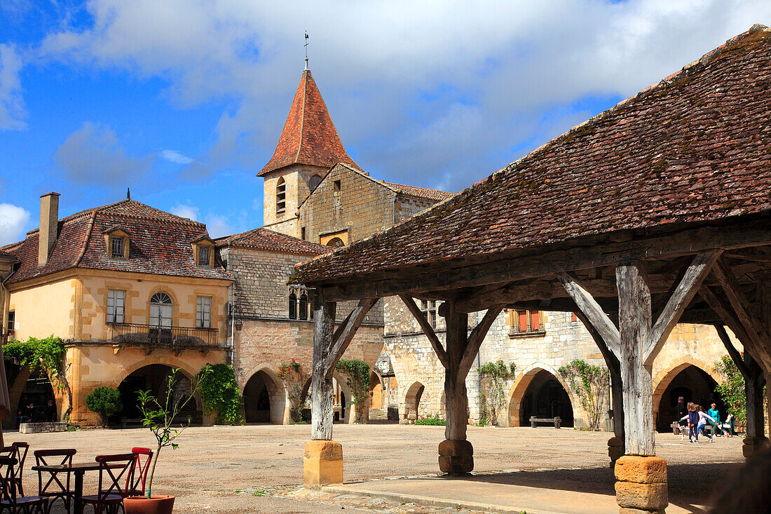 France,Nouvelle Aquitaine,Dordogne department (24),Monpazier,medieval village,Corniere square and covered market