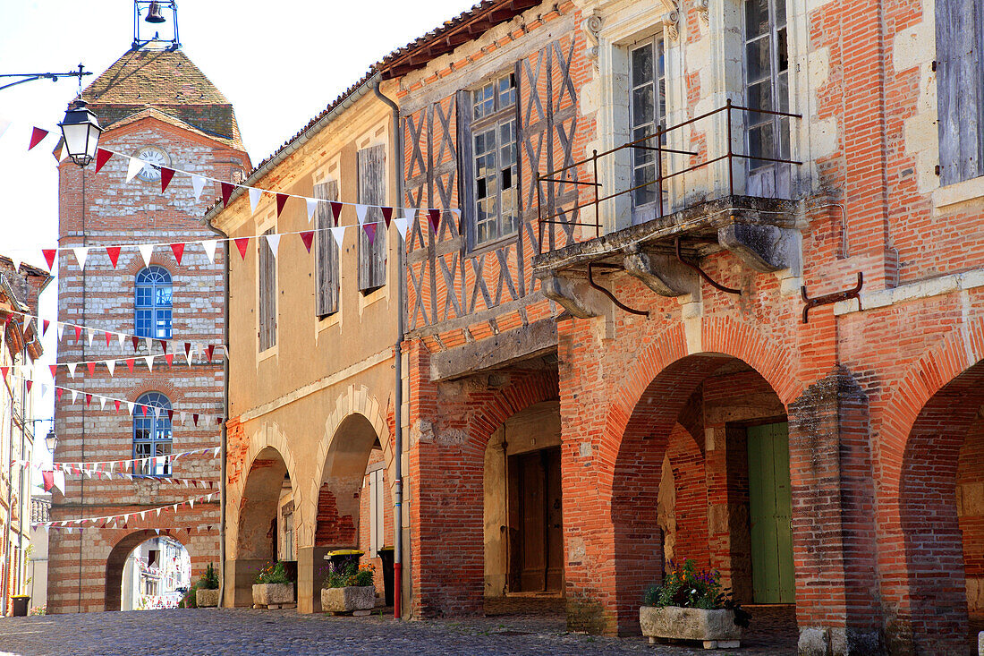 France,Occitanie,Tarn et Garonne department (82),Auvillar,arcade square and Horloge tower