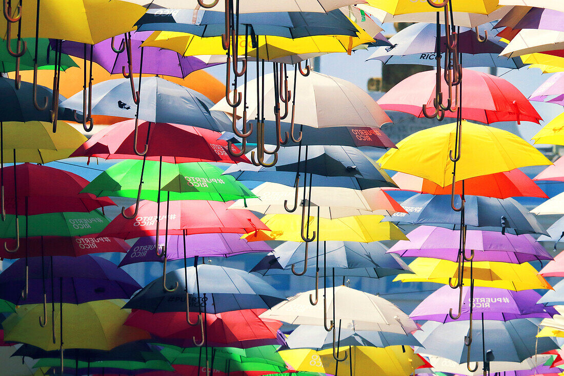 Usa,Porto Rico,San Juan. Fortaleza street. Umbrellas street