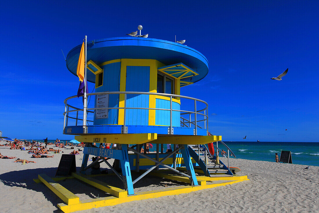 Usa,Florida,Miami. Miami Beach,colored lifeguard hut