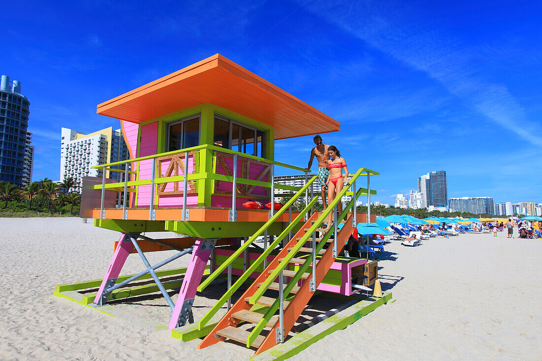 Usa,Florida,Miami. Miami Beach,colored lifeguard hut