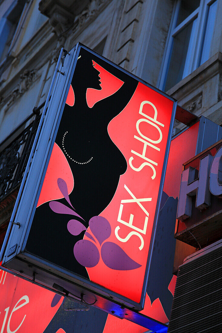 Belgium,Brussels,Illuminated sign of a sex shop