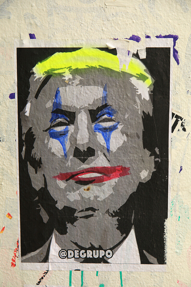 Usa,Florida,Miami, Wynwood district. Poster of Donald Trump made up as a clown by street art artist Degrupo