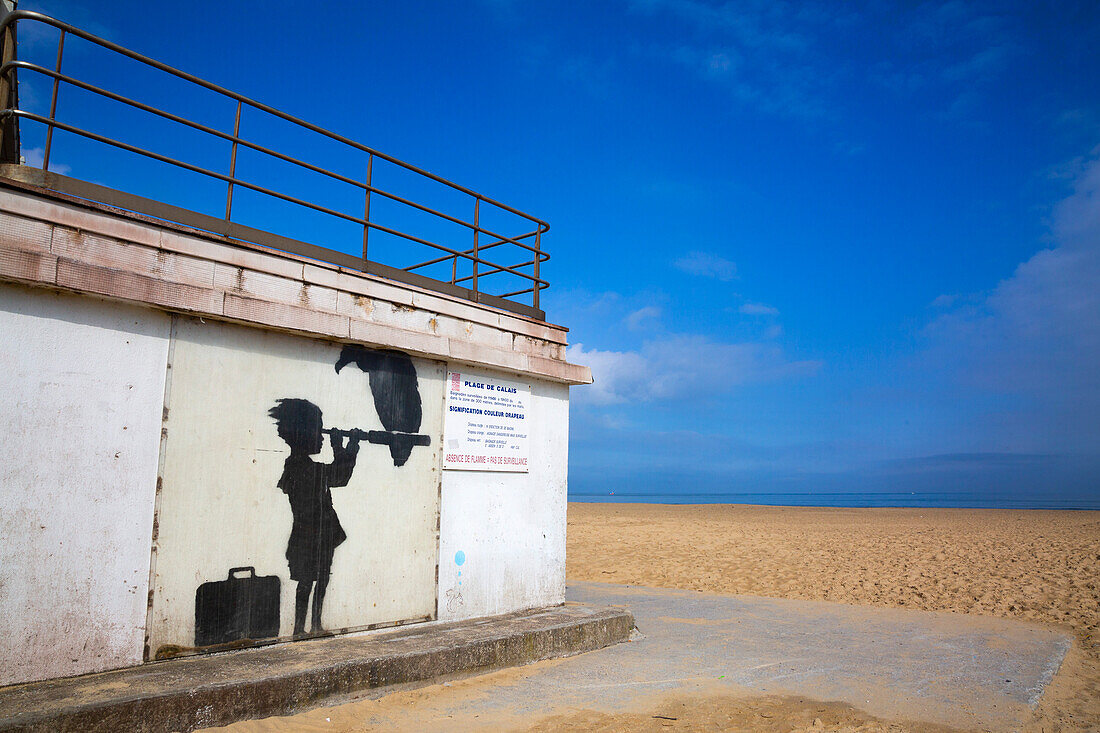 France,Hauts de France,Pas de Calais. Calais,beach. Girl with telescope by Banksy