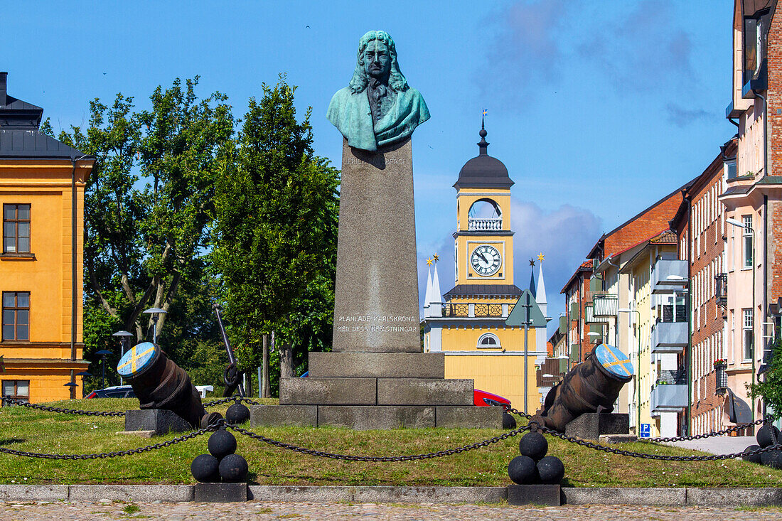 Europe,Scandinavia,Sweden. Karlskrona. Kungsbron. Monument of urban planner Erich DahlbergAdmiralty clock stack