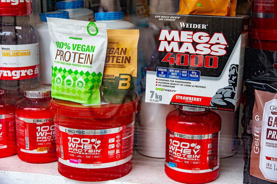 Proteins on sale in a store