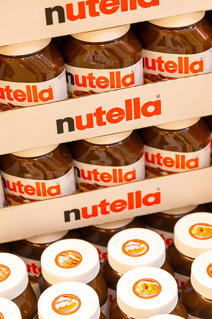 Products in a supermarket shelf. Spread. Nutella