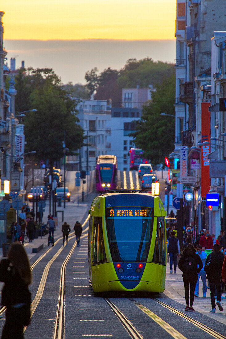 Europe,France,Grand-Est,Reims. Tram in the city center