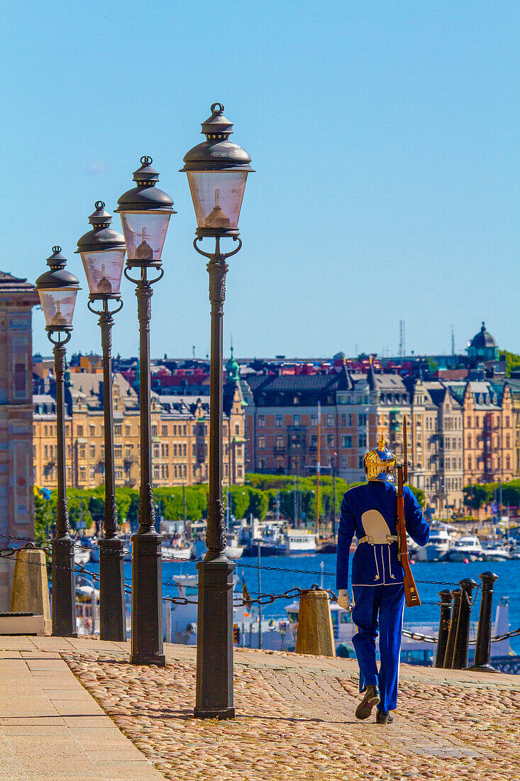 Europe,Scandinavia,Sweden. Stockholm. Gamla Stan district. Royal palace. Swedish guard in blue uniform