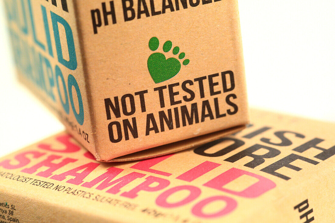 Close-up on a skincare product that meets criteria. Not tested on animals,vegan