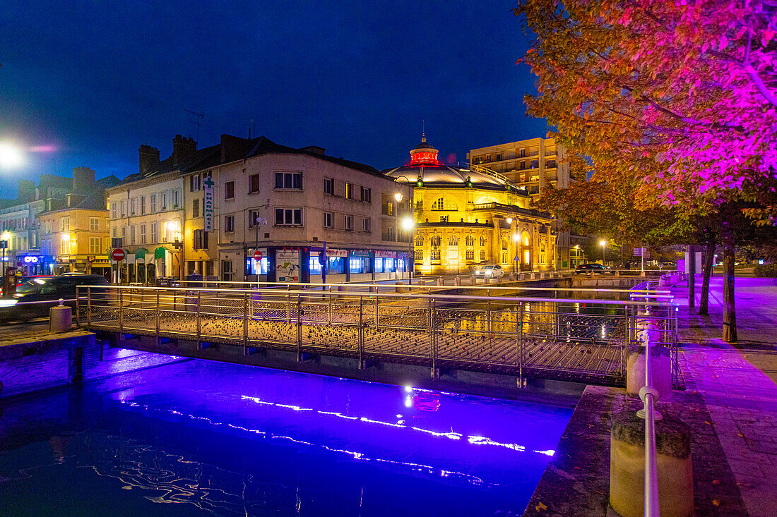 France,Grand Est,Aube,Troyes. Champagne basin and theater at blue hour.