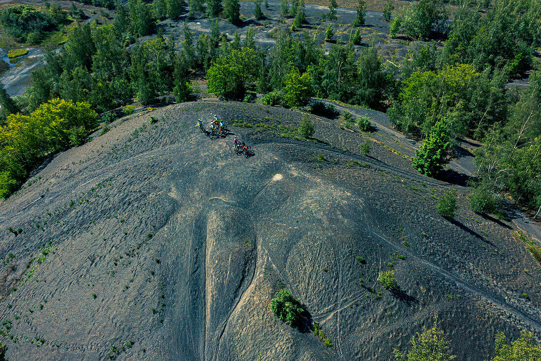 France,Hauts de France,Nord,Rieulay,Terril des Argales,mining site converted into a natural area. Group of cyclists