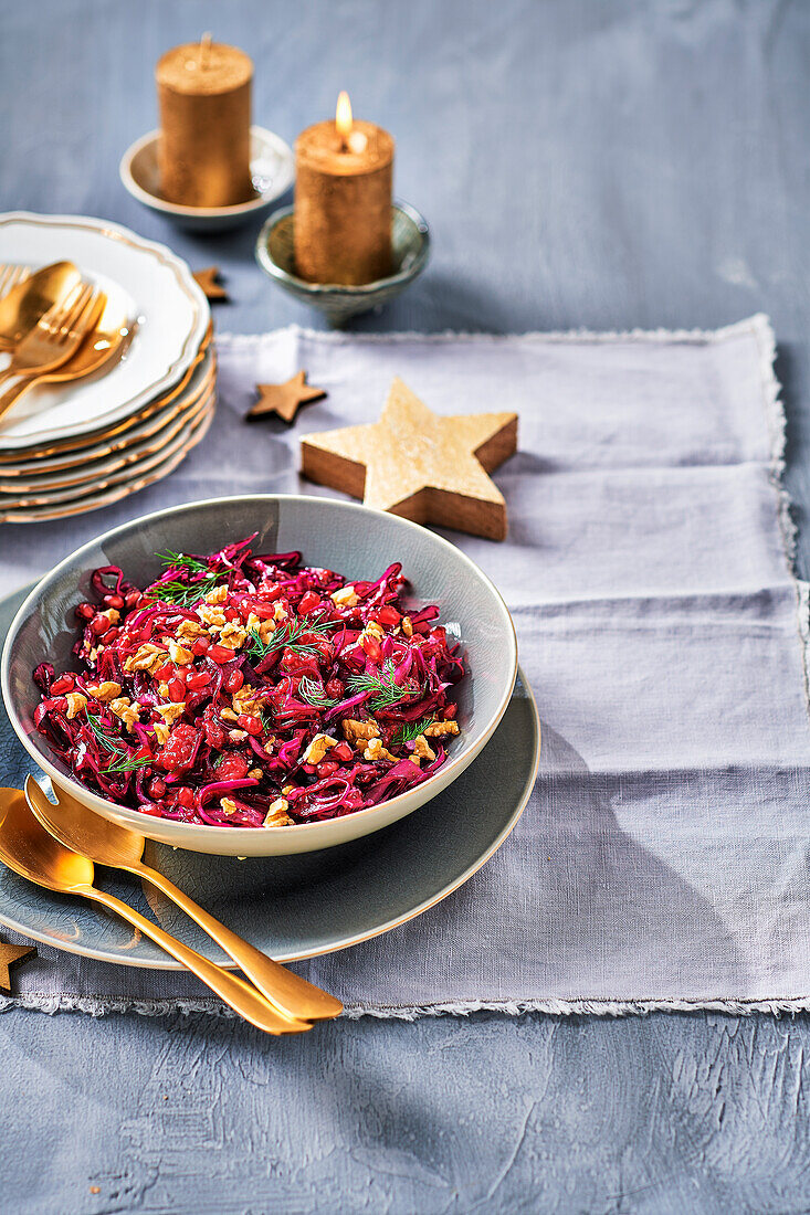 Red cabbage salad with walnuts and sultanas