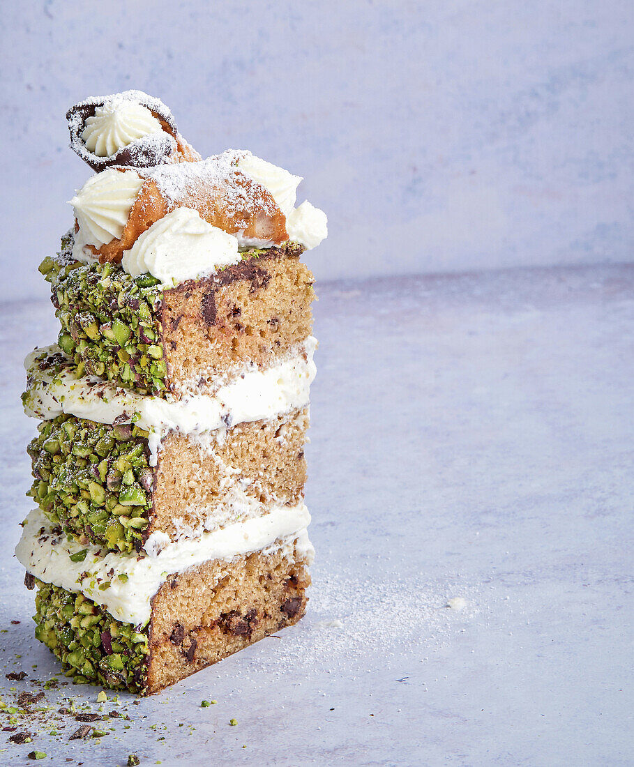 Ricotta cannoli cake with pistachios