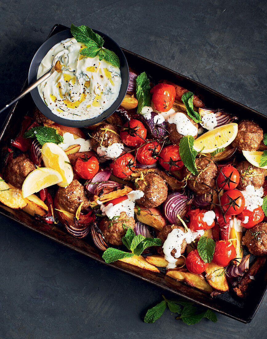 Greek lamb meatballs with yoghurt dip and vegetables