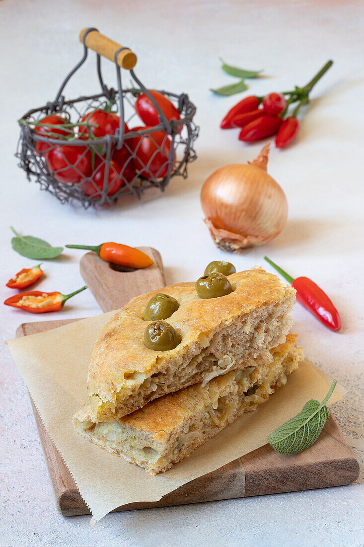 Focaccia with onions and green olives