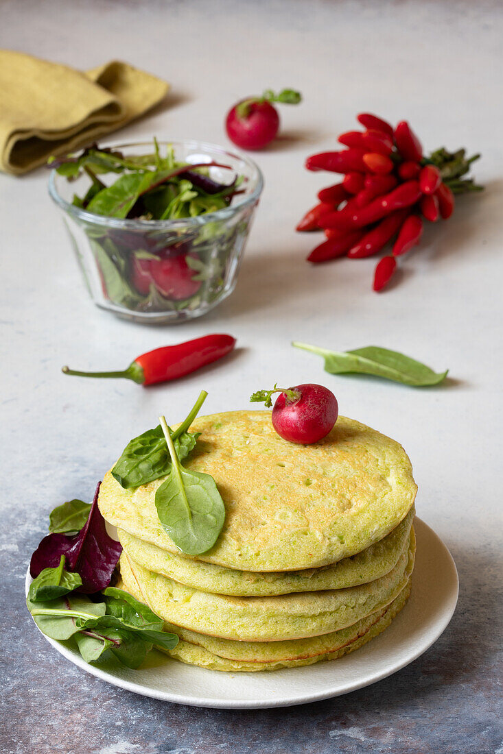 Pancakes with peas, sage and mint