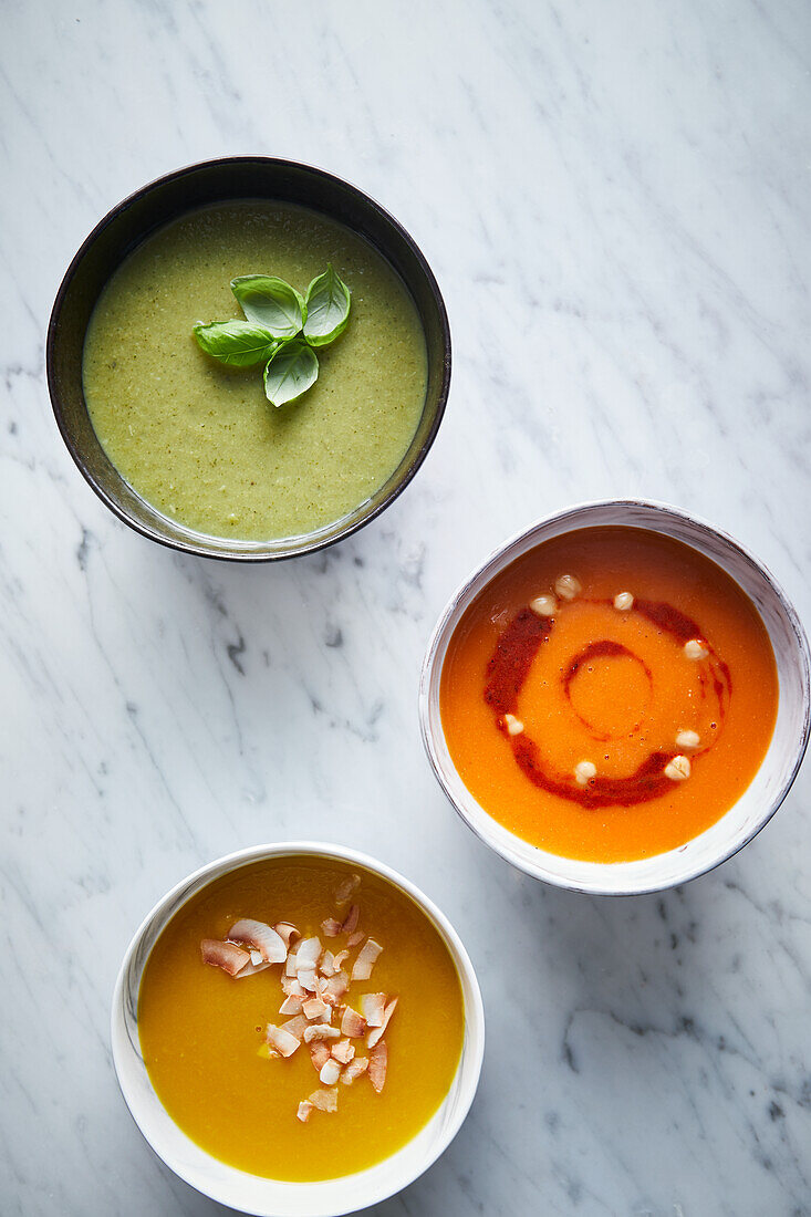 Three different vegetable soups