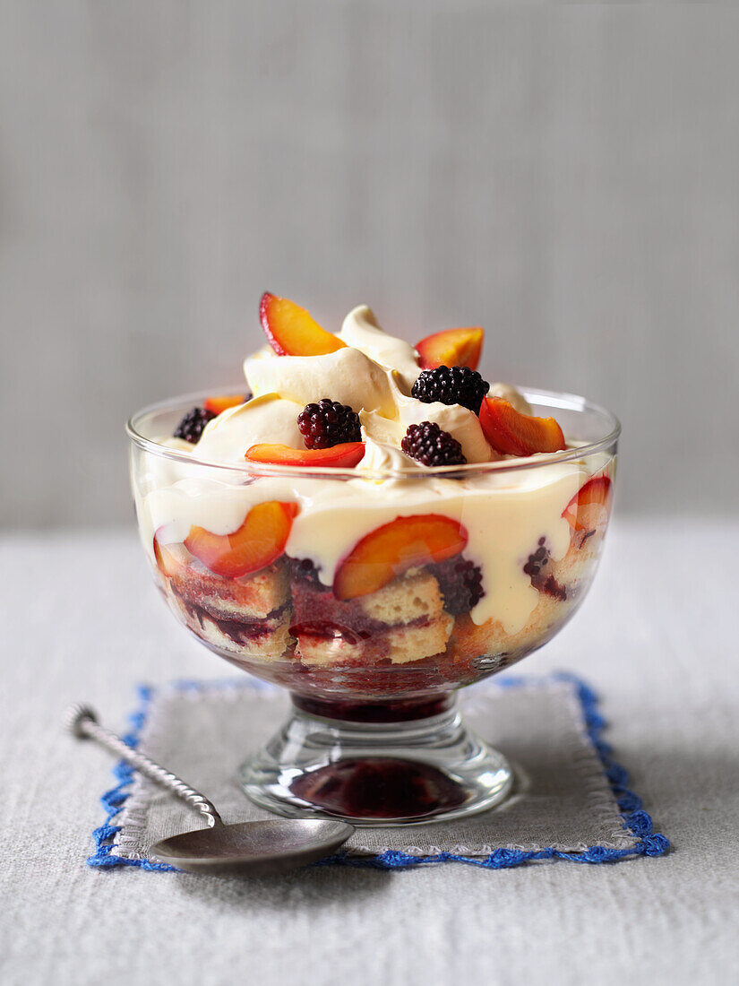 Trifle with blackberries and nectarines