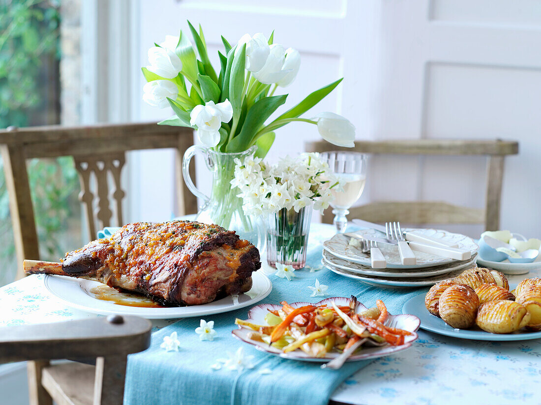 Leg of lamb with potato gratin and oven vegetables