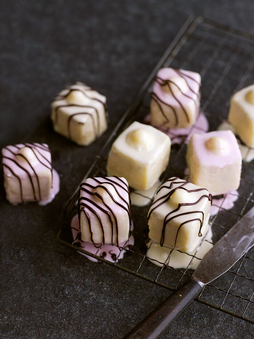 Petit fours with chocolate icing
