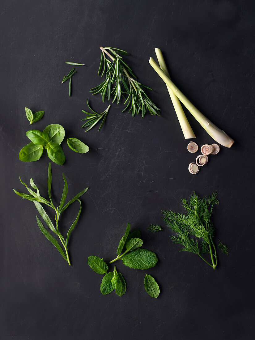 Fresh herbs: rosemary, basil, lemongrass, tarragon, mint, dill