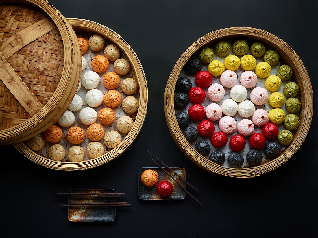 Steamed dim sum in various colours