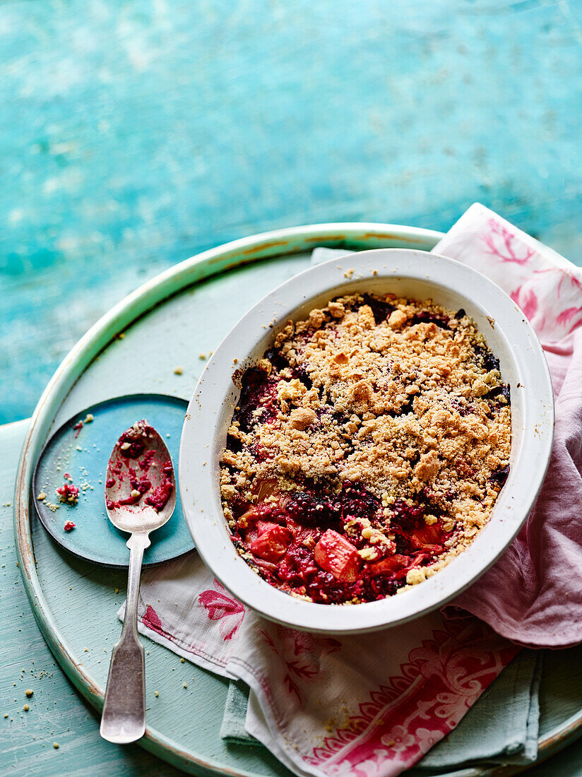 Rhubarb crumble baked in the oven
