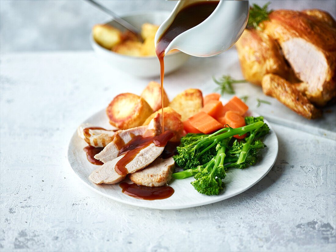 Hähnchen mit Bratkartoffeln und Gemüse