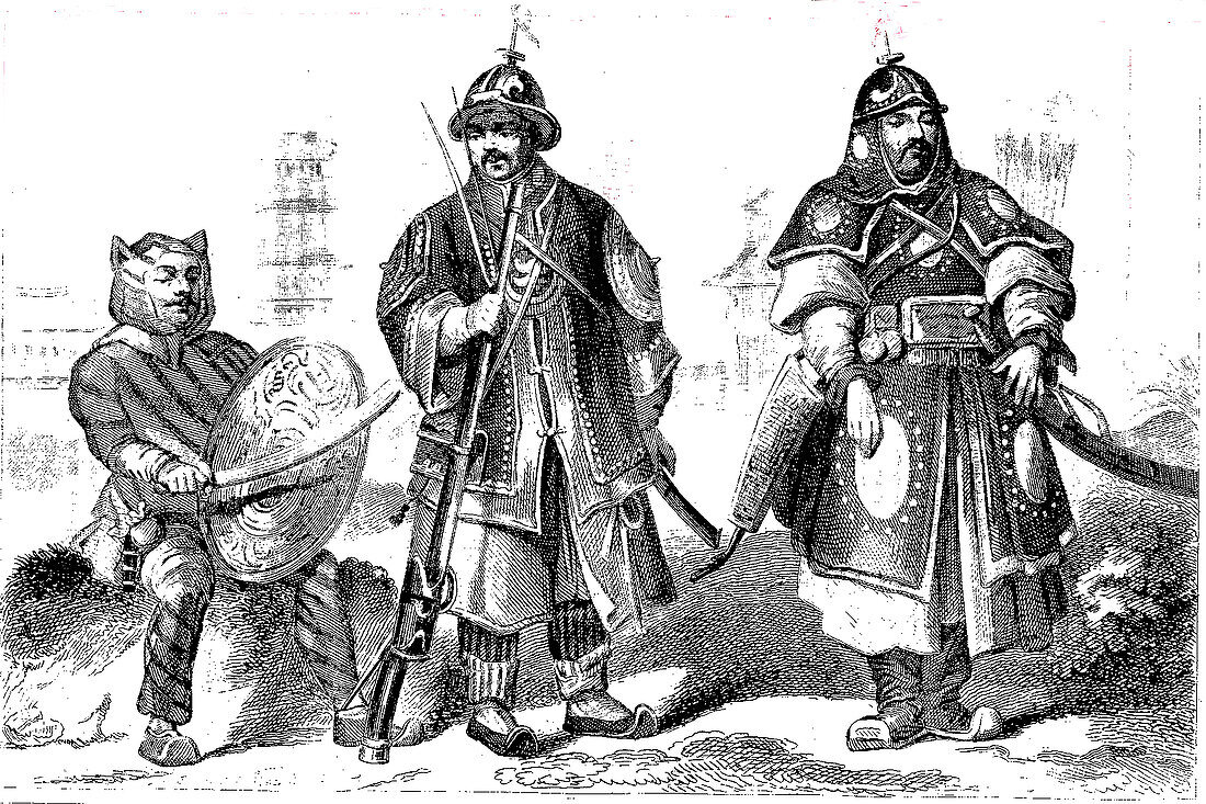 Chinese military costumes, 19th century illustration