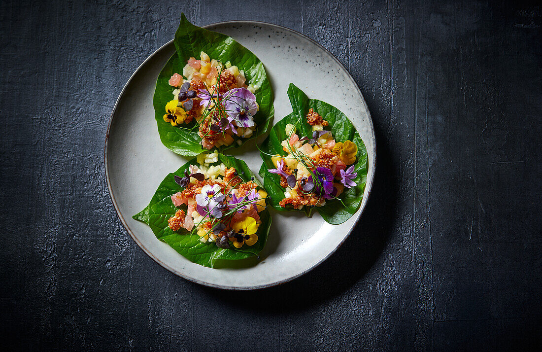 Seafood tartare with edible flowers