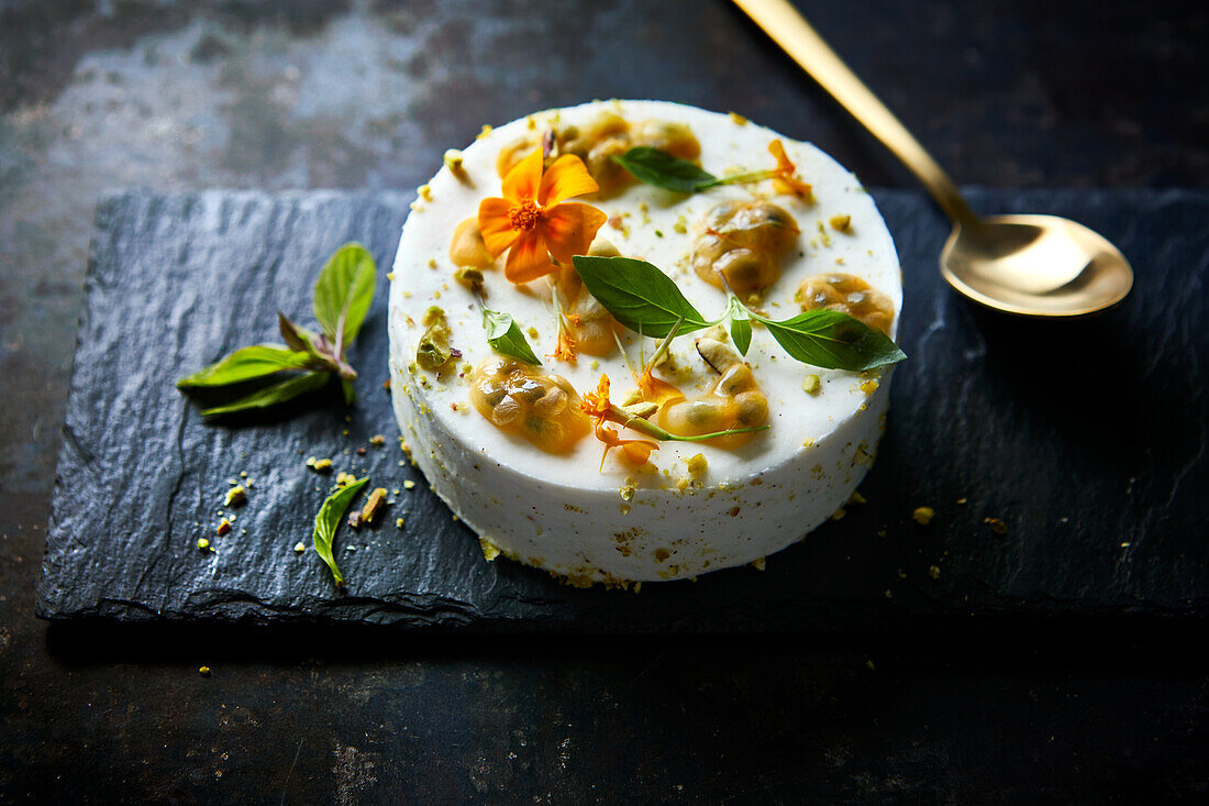 Passion fruit cheesecake with basil