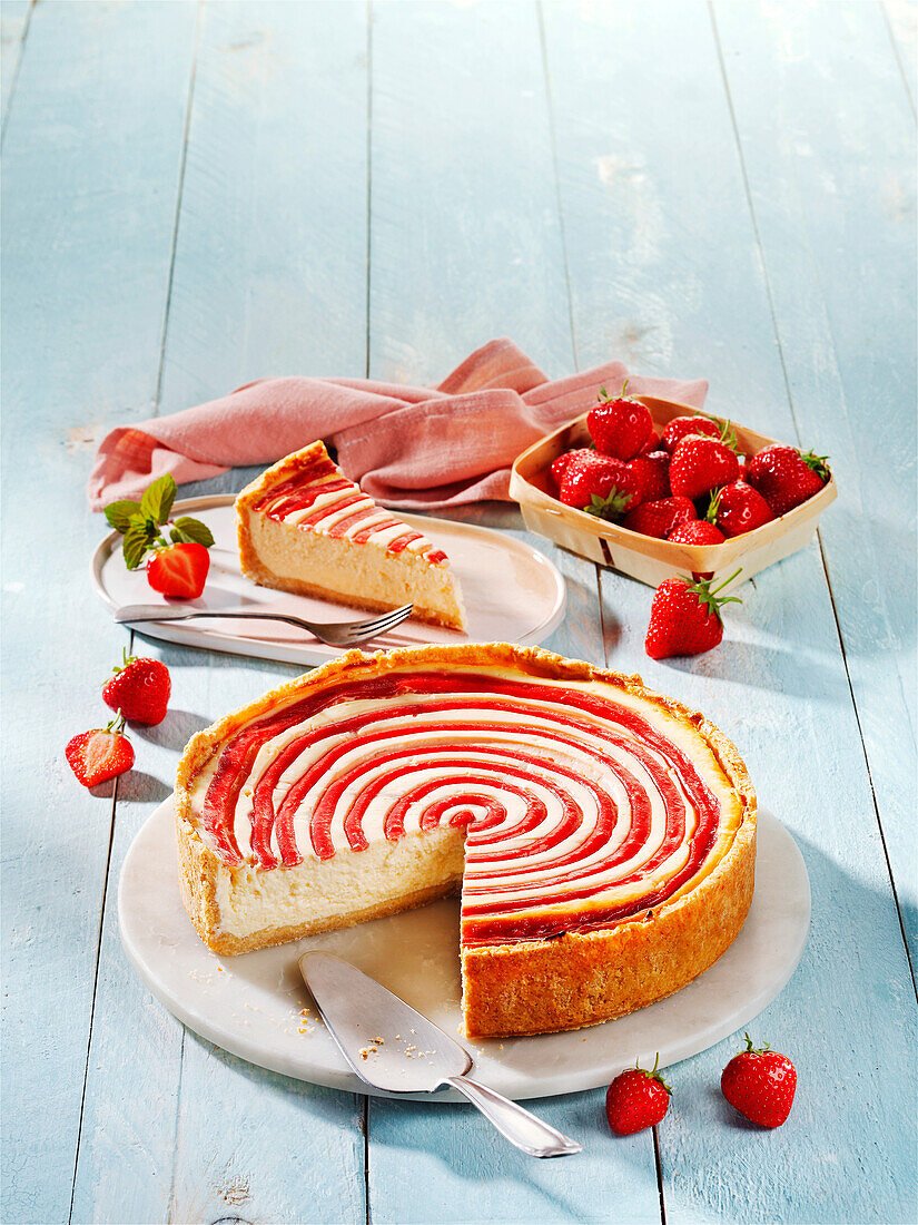 Cheesecake with strawberry spiral