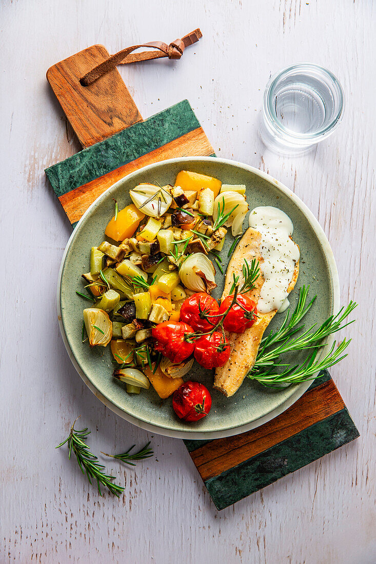 Lemon trout with rosemary oven vegetables