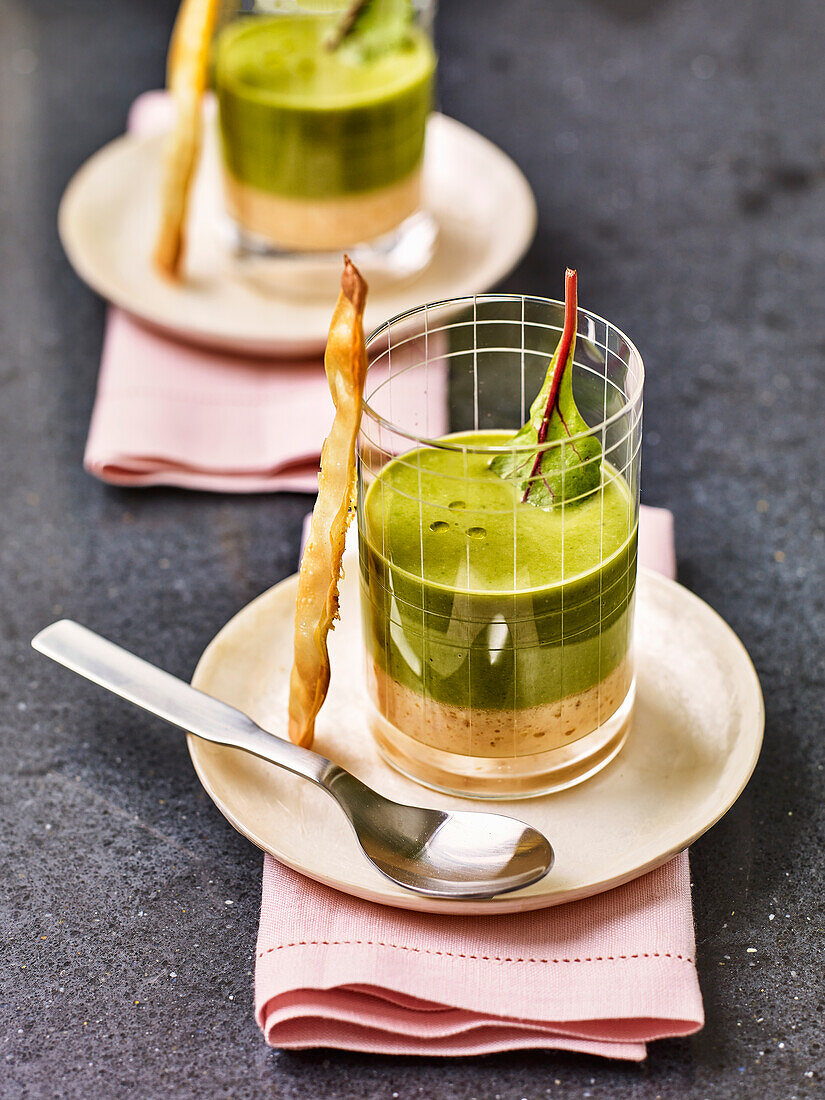 Salmon and langoustine soufflé with pea foam